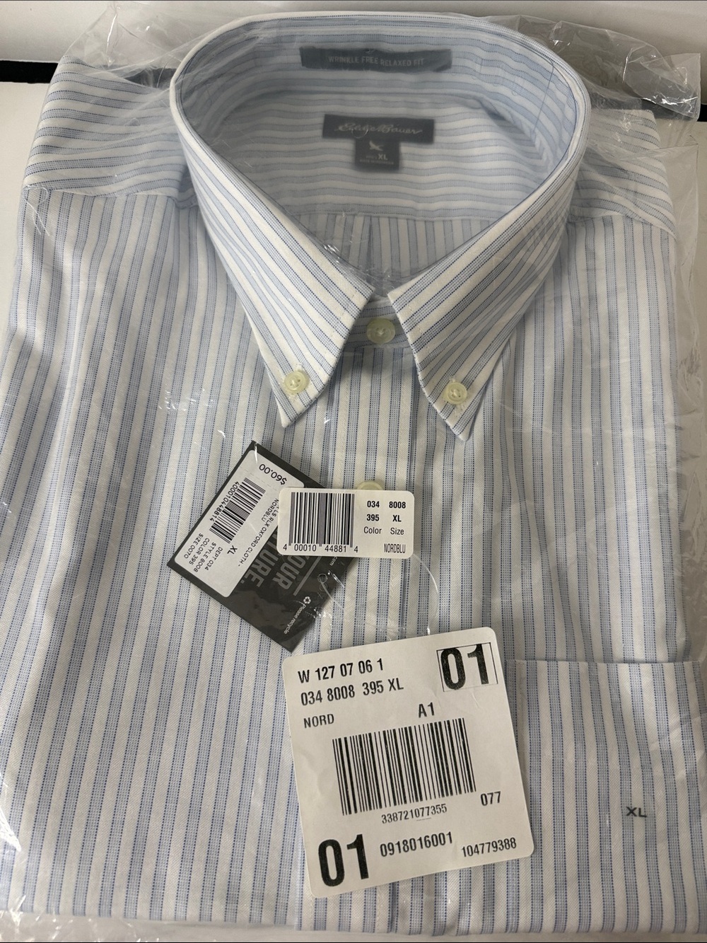 Eddie Bauer Men’s Light Blue and White Stripe Button-Down Dress Shirt